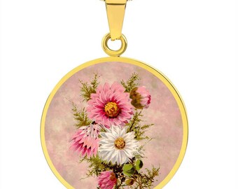 Vintage Aster Flower Pendant Necklace, Personalized Engraving, September Birth Flower