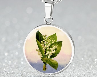 Lily of the Valley Pendant Necklace, May Birth Flower, Engraved Jewelry