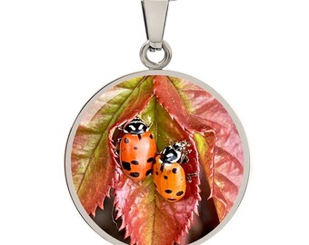 Ladybug Photo Pendant Necklace, Custom Engraving, Silver or Gold Finish