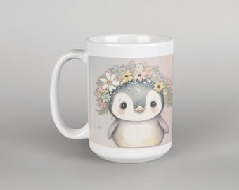 Penguin Coffee Mug, Floral Wreath, 15 oz Ceramic Tea Mug