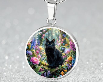 Black Cat Floral Pendant Necklace, Personalized Engraving Available