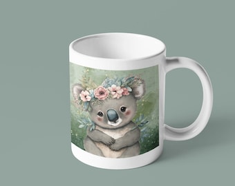 Floral Koala Coffee Mug, Whimsical Animal Lover Gift