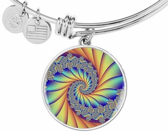 Fractal Art Pendant Bracelet, Personalized Engraving, Stainless Steel Bangle