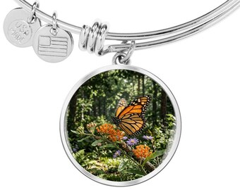Monarch Butterfly Bangle Bracelet,  Gold or Silver, Personalized Engraving Available
