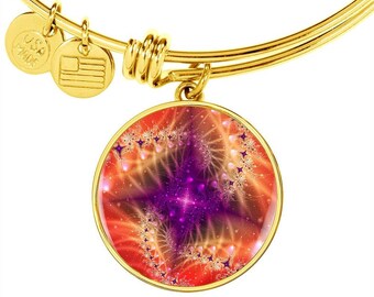 Personalized Diamond Fractal Bangle Bracelet, Engraved Pendant, Gift Box