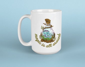 Mushroom Coffee Mug, Cottagecore Forest Design, 15 oz Ceramic