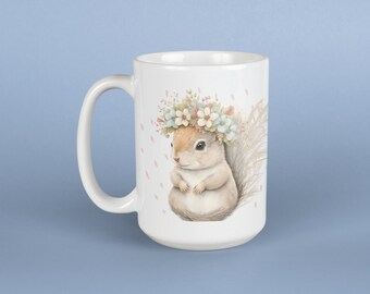Squirrel with Flower Wreath Coffee Mug, Cottagecore Ceramic, 15oz