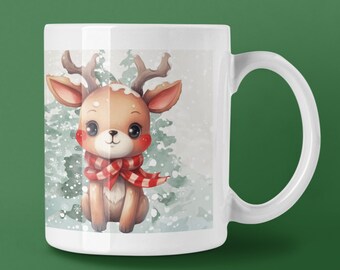 Reindeer Christmas Coffee Mug, Snowy Forest Scene