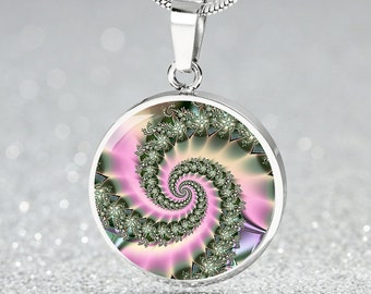 Spiral Flower Fractal Art Pendant Necklace, Engraved Personalized Jewelry