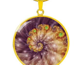 Golden Spiral Fractal Necklace, Personalized Engraving, Gift Box