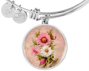 Personalized Aster Flower Bangle, Vintage Art Pendant, Engraved Jewelry