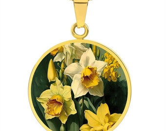 Daffodil Flower Pendant Necklace, Vintage Art, March Birthflower, Engraved