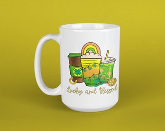 St. Patrick's Day Coffee Mug, Lucky and Blessed, 15oz Ceramic