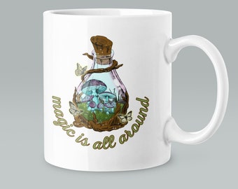 Mushroom Coffee Mug, Cottagecore Forest Design, 11oz Ceramic
