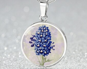 Larkspur Flower Pendant Necklace, Vintage Art, July Birthflower, Personalized Engraving