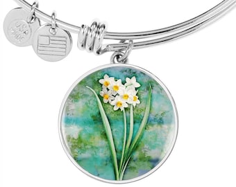 Personalized Narcissus Flower Bangle, December Birth Flower Jewelry