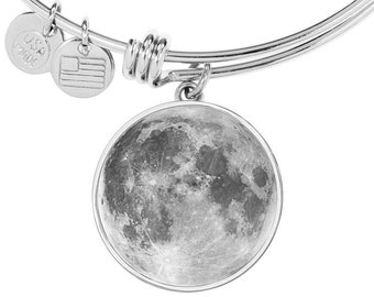 Personalized Full Moon Photo Bangle, Custom Engraved Pendant