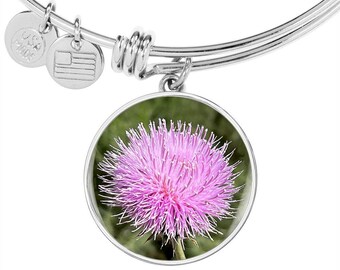 Personalized Pink Thistle Pendant Bangle, Engraved Floral Bracelet