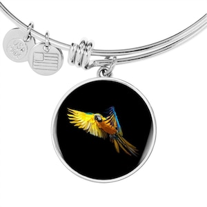 Personalized Blue and Gold Macaw Parrot in Flight, Custom Pendant with Luxury Bangle Bracelet - Personalized Engraving Available, Gift Box