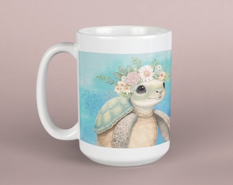 Sea Turtle Coffee Mug, Floral Wreath Design, 15 oz Ceramic