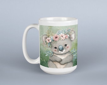 Koala Coffee Mug, Floral Wreath, Animal Lover Gift, 15 oz Ceramic