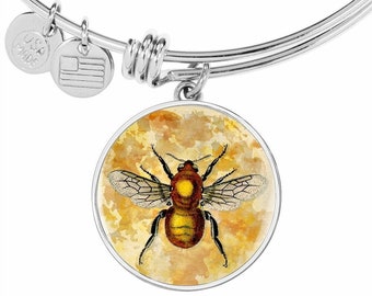 Vintage Bee Art Bangle, Personalized Engraving, Stainless Steel or Gold