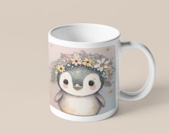 Penguin Coffee Mug, Floral Wreath, Animal Tea Mug