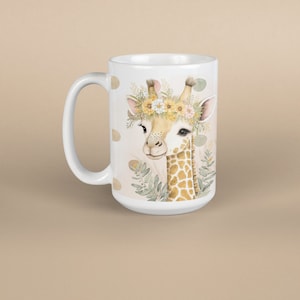 Coffee Mug, Giraffe Coffee Mug, Giraffe Gift, Cottegecore Mug, Birthday Gift, Boho Mug, White 15 oz Ceramic, Gift for Her, Free Shipping