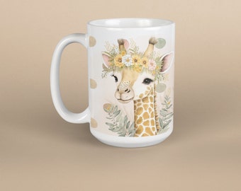 Giraffe Coffee Mug, Floral Wreath, Boho Cottagecore Gift, 15 oz