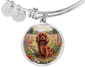 Ruby Cavalier King Charles Spaniel Floral Meadow Bangle Bracelet, Engraved Options Available