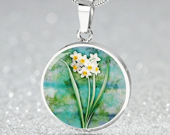 Narcissus Flower Pendant, Vintage Art Necklace, December Birthflower, Personalized Engraving