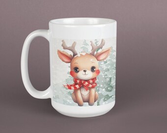 Christmas Reindeer Coffee Mug, Snowy Forest Design, 15oz Ceramic