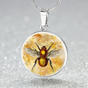Personalized Bee Restored Vintage Art Drawing, Custom Pendant with Luxury Necklace - Personalized Engraving Available, Gift Box Included