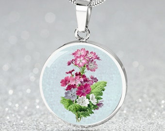 Primrose Flower Pendant, Personalized Engraved Necklace, February Birthflower