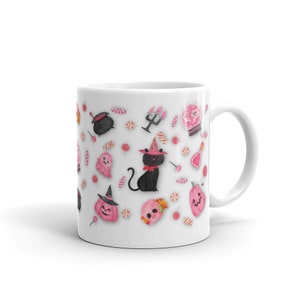 Pink Halloween White 11oz Ceramic Glossy Mug, Coffee Mug, Black Cat, Gift for Her, Gift for Him, Pink Pumpkins, Skull,