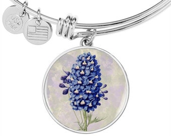 Larkspur Flower Bangle, July Birth Flower, Engraved Pendant