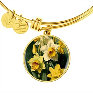 Personalized Daffodil Flower Art, Custom Pendant with Luxury Bangle - Personalized Engraving Available, Gift Box Included, Free Shipping