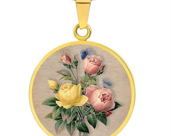 Personalized Flower Bouquet Necklace, Restored Vintage Art Pendant, Engraved Gift