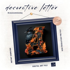 Letter A PNG - Goth Decorative Letters - Digital, Downloadable and Printable Alphabet Letter Stickers with Black Crow and Autumn Colors