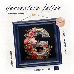 Letter G PNG - Goth Decorative Letters - Digital, Downloadable and Printable Alphabet Letter Stickers Gray with Pink Roses