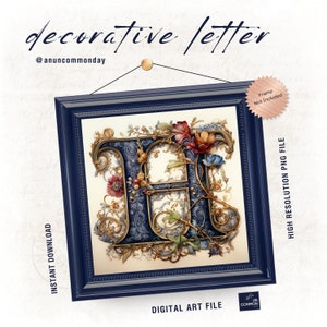 May include: A digital art file featuring a decorative letter H with intricate floral details in shades of blue, gold, and red. The letter is framed in a dark blue frame.