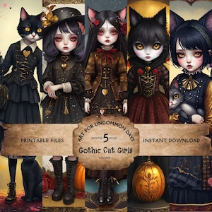 Gothic Girl Cats, Spooky Season Clipart Printable for Dark Aesthetic  Decor or Junk Journal Cards