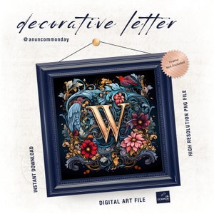 Floral Decorative Letter W,  Art Letters, Digital Downloadable Printable Alphabet Letter Stickers - Floral Illustrated Gold Letter W