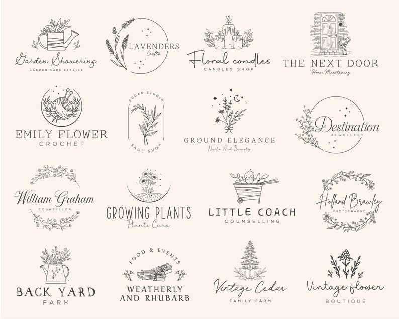 May include: A collection of 14 hand-drawn logo designs featuring floral and botanical elements. The logos are in black and white and include text such as "Garden Showering", "Lavenders Crafts", "Floral Candles", "The Next Door", "Emily Flower Crochet", "Sugar Sage Shop", "Ground Elegance", "Destination Jewellery", "William Graham Counsellor", "Growing Plants", "Little Coach Counselling", "Holland Brawley Photography", "Back Yard Farm", "Weatherly and Rhubarb", "Vintage Cedar Family Farm", and "Vintage Flower Boutique".