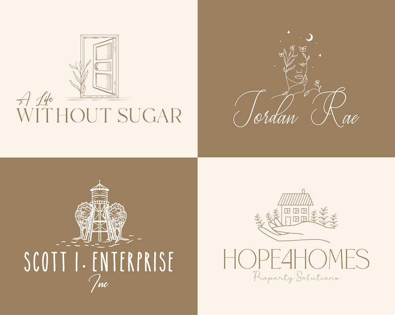 May include: Four different logo designs. The first logo is a white outline of a door with a plant growing next to it. The text "A Life Without Sugar" is below the door. The second logo is a white outline of a woman's face with flowers and a crescent moon above her head. The text "Jordan Rae" is below the face. The third logo is a white outline of a water tower with trees on either side. The text "Scotti Enterprise Inc." is below the water tower. The fourth logo is a white outline of a house with a hand holding it. The text "Hope4Homes Property Solutions" is below the house.