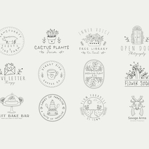 May include: A collection of 10 black and white hand-drawn logo designs for small businesses. The logos feature various themes, including a pig farm, cactus plants, a free library, a flower shop, a coffee shop, a bake shop, a photography studio, and a growing plant company.
