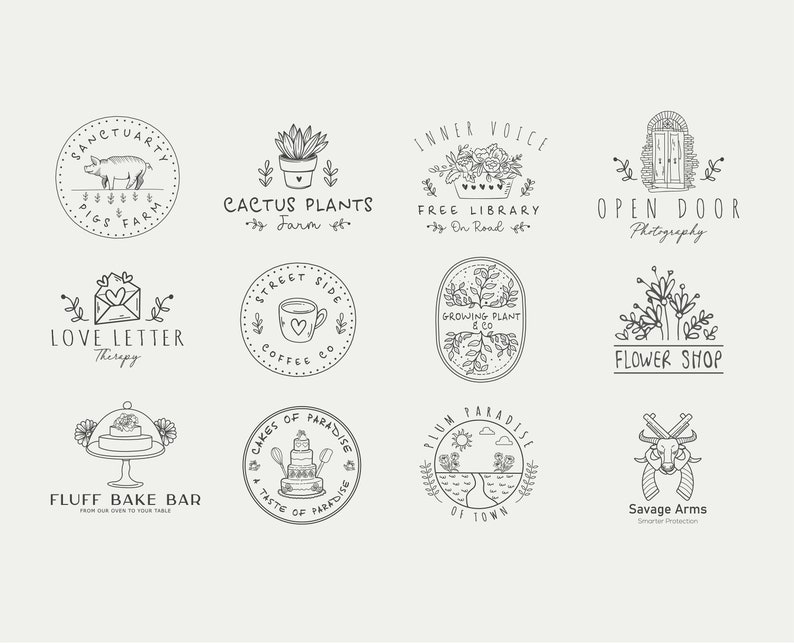 May include: A collection of 10 black and white hand-drawn logo designs for small businesses. The logos feature various themes, including a pig farm, cactus plants, a free library, a flower shop, a coffee shop, a bake shop, a photography studio, and a growing plant company.