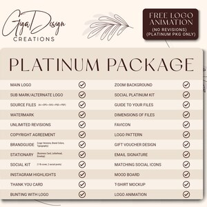 May include: A checklist of services included in a Platinum Package for logo design. The services include a main logo, sub mark, source files, watermark, unlimited revisions, copyright agreement, brand guide, stationery, social kit, Instagram highlights, thank you card, bunting with logo, zoom background, social platinum kit, guide to your files, dimensions of files, favicon, logo pattern, gift voucher design, email signature, matching social icons, mood board, t-shirt mockup, and logo animation.