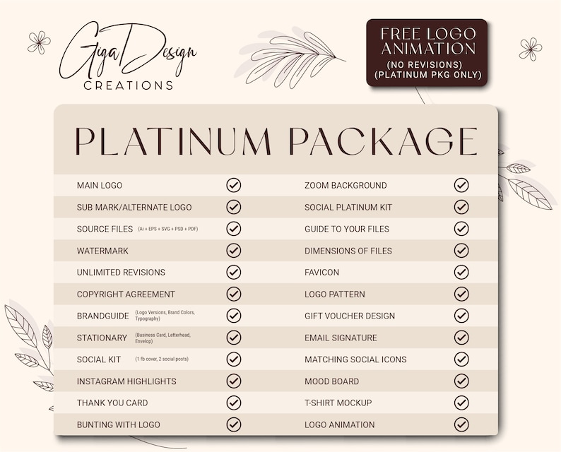 May include: A checklist of services included in a Platinum Package for logo design. The services include a main logo, sub mark, source files, watermark, unlimited revisions, copyright agreement, brand guide, stationery, social kit, Instagram highlights, thank you card, bunting with logo, zoom background, social platinum kit, guide to your files, dimensions of files, favicon, logo pattern, gift voucher design, email signature, matching social icons, mood board, t-shirt mockup, and logo animation.