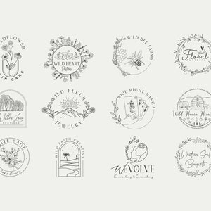 May include: A collection of 10 black and white logo designs for various businesses. The logos feature floral elements, animals, and text. Some of the logos include the words "Wild Heart Pastries", "Wild Bee Farms", "Wild Fleur Jewelry", "Wild Haven Homestead", "Western Soul Bouquets", and "Willow Jane Boutique".